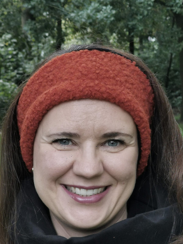 Stirnband aus Löckchen Fleece in orange/rot mit innenliegenden Nicki Baumwollstoff